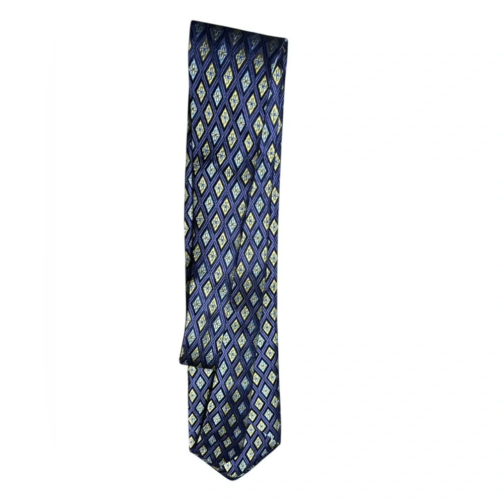 Ike Behar blue and yellow diamond print 100% silk hand tailored in USA tie